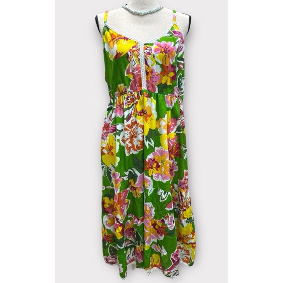 Womens Sz‎ XL Dress Midi Green Tropical Floral Adjustable Straps Smocked Vacay - Picture 2 of 9